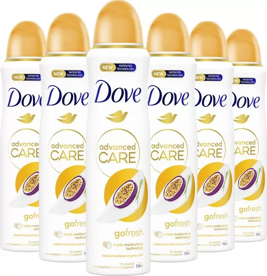 Dove Advanced Care Go Fresh Anti-Transpirant Deodorant Spray Passion Fruit & Lemongrass – 6 x 150 ml – 72uurs bescherming, hydraterend, PETA-approved