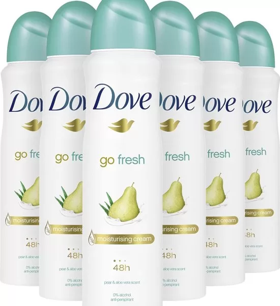 Dove Go Fresh Deo Spray Peer & Aloë Vera - 6 x 150 ml, 48 uur bescherming, hydraterende crème, 0% alcohol, geschikt voor alle huidtypes.