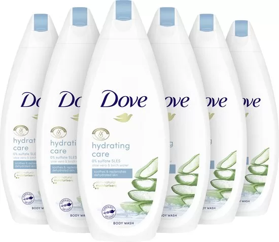 Dove Hydrating Care Douchecrème - 6 x 450 ml - Aloë Vera & Berkenwater voor Intense Hydratatie en Zachte Huid - Voordeelverpakking