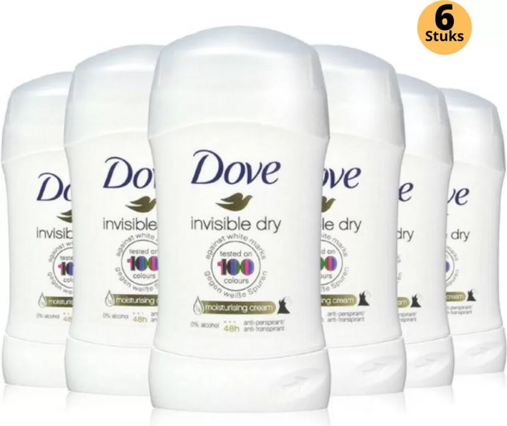 Dove Invisible Dry Deodorant Stick 6-Pack – 48u Zweetbescherming, 0% Alcohol, Geen Witte Vlekken, Anti-Transpirant voor Vrouwen