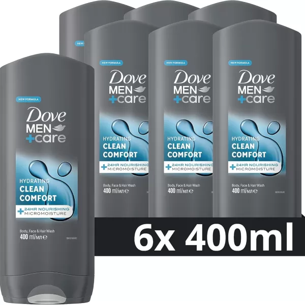 Dove Men+Care Clean Comfort 3-in-1 Duschgel, 6x400ml – Hydratisierend, Frischer Duft, 24H MicroMoisture, Hautnährend, Männerpflege