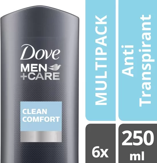 Dove Men+Care Clean Comfort Douchegel - 6 x 250 ml | Hydraterende Gel voor Lichaam & Gezicht | Frisse Mannelijke Geur, Dermatologisch Getest