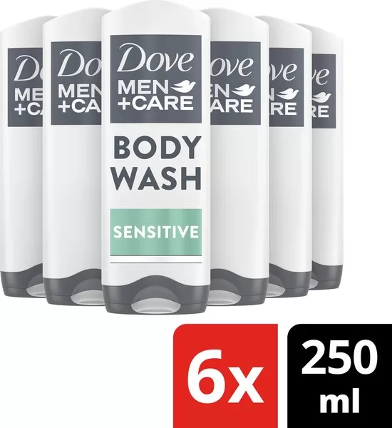 Dove Men+Care Sensitive 3-in-1 Douchegel – 6 x 250 ml – Hydrateert en beschermt, voor droge, gevoelige huid, MicroMoisture technologie, Cruelty-Free