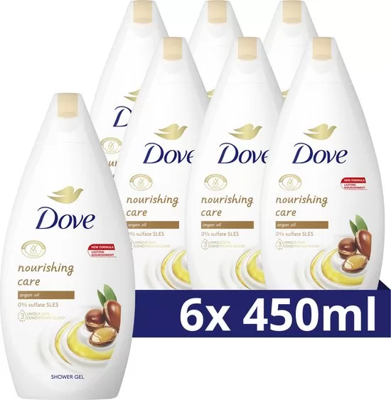 Dove Nourishing Care Douchegel 6 x 450 ml – Met Marokkaanse Arganolie, Hydrateert Droge Huid, Vegan, Sulfaatvrij, 100% Gerecycled Plastic