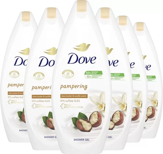 Dove Purely Pampering Douchecrème Sheabutter & Vanille - 6 x 450 ml, voedend, milde formule, NutriumMoisture™, voor zachte huid