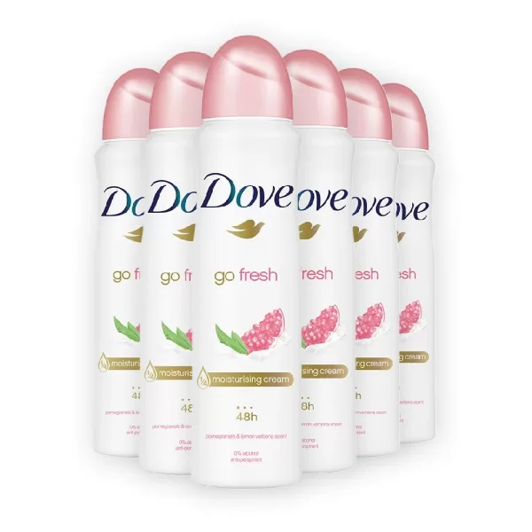 Dove Women Deospray Go Fresh Pomegranate 150ml - 6er Pack, frische Granaatapfel & Zitronengras Duft, langanhaltender Schutz und Trockenheit