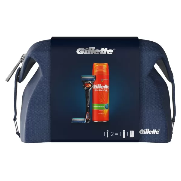 GILLETTE Fusion5 Giftset – 5-mesjes scheersysteem met Flexball, precisietrimmer, Ultra Sensitive scheergel, scheermeshouder & reistas