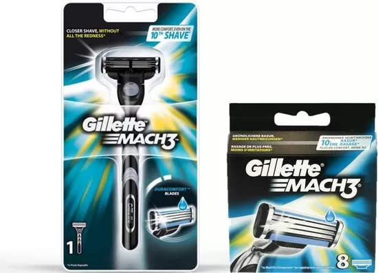 Gillette Mach 3 Promo Set – Rasierapparat inkl. 1 Klinge + 8 Ersatzscheermesser – Effizientes Rasieren für Männer