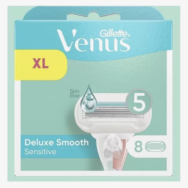 Gillette Venus Deluxe Smooth Sensitive Scheermesjes - 8 Navulmesjes für Frauen, 5 Klingen, SkinElixir, Langdurige Gladheid, Huidbescherming