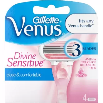 Gillette Venus Divine Sensitive Scheermesjes für Damen - 4 Stk. mit 3 gecoaten Klingen & feuchtigkeitsspendender Kräuteröl-Creme