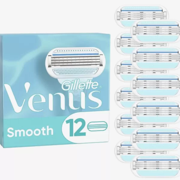 Gillette Venus Smooth Scheermesjes voor Vrouwen - 12 Navulmesjes met 3 Mesjes, Comfortkussentjes & Blauwe Indicatiestrip