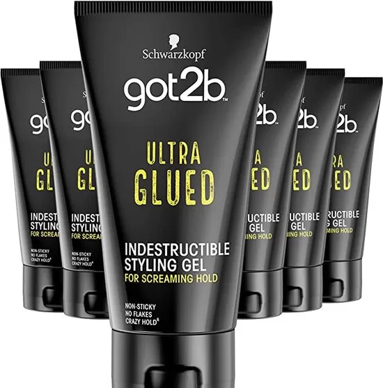 Got2b Ultra Glued Gel, 6x150ml – Vegan Haargel für starken Halt bis 48h, nicht klebend, 50% recyceltes Plastik, ideal für stylische Looks