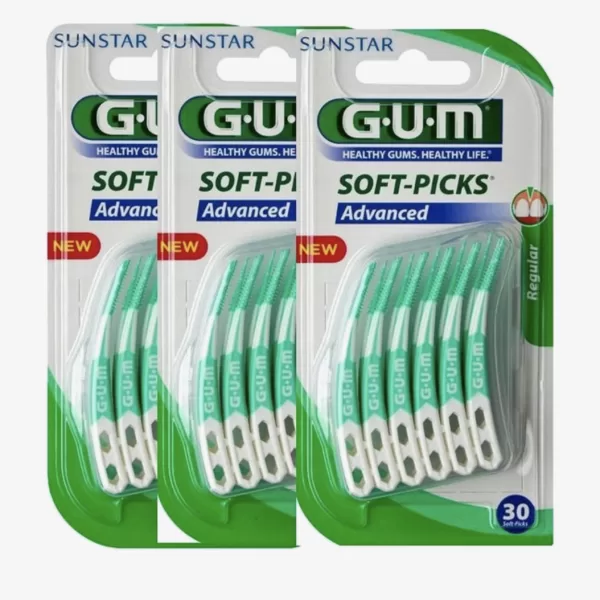 GUM Soft Picks Advanced Regular - 3x30 Stuks Ragers - Fluoride, Rubberen Borsteltjes, Licht Gebogen, Hygiënisch Reisdoosje