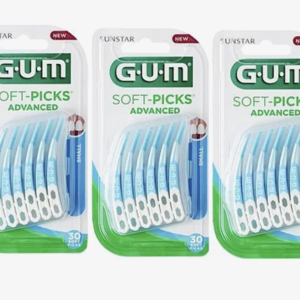 GUM Soft Picks Advanced Small - 3x30 Stuks Tandragers - Licht Gebogen, Rubberen Borsteltjes, Met Fluoride, Handig Reisdoosje