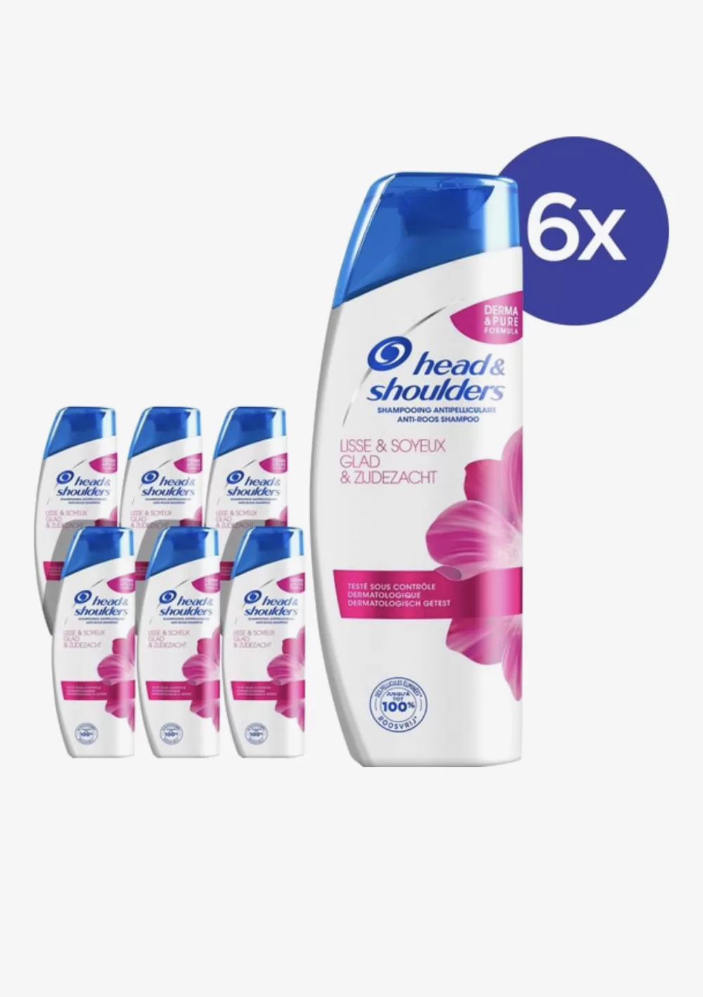 Head & Shoulders Glad & Zijdezacht Anti-Roos Shampoo, 6x400ml, Derma&Pure-formule, 100% roosvrij, voor glanzend, glad haar, dermatologisch getest