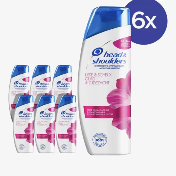 Head & Shoulders Glad & Zijdezacht Anti-Roos Shampoo, 6x400ml, Derma&Pure-formule, 100% roosvrij, voor glanzend, glad haar, dermatologisch getest