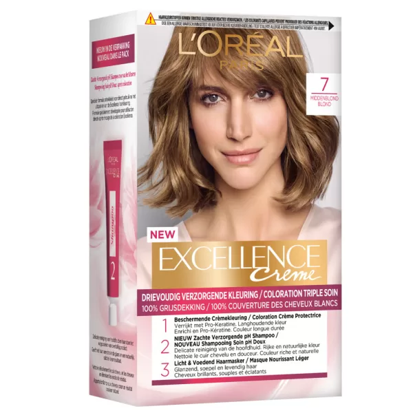 L'Oréal Excellence Crème Haarverf 7 Middenblond - 100% Grijsdekking, 3x Verzorging, Rijke Kleur, Sterk en Zijdezacht Haar, PH Neutraliserende Shampoo inbegrepen