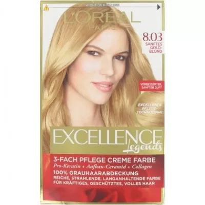 L’Oréal Excellence Creme Haarfarbe 8.03 Beige Blond – Dauerhafte Haarfarbe für strahlenden Glanz und Pflege, 100% graue Abdeckung.