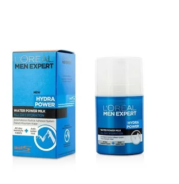 L'Oreal Men Expert Hydra Power Water Milk 50ml - Hydraterende Emulsie met Franse Bergwater, Ultra-snelle Absorptie, Niet-vet, Bescherming tegen Vervuiling