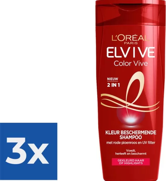 L'Oréal Paris Elvive Color Vive 2-in-1 Shampoo 250ml - Voordeelverpakking 3 stuks - Beschermt Gekleurd Haar, UV-Filters, Voedend Elixer