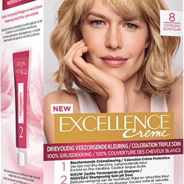 L’Oréal Paris Excellence Crème 8 – Lichtblond Haarfarbe, 100% Grayschutz, Pflege-Shampoo & Haarmaske, Strahlende & Natürliche Farbe