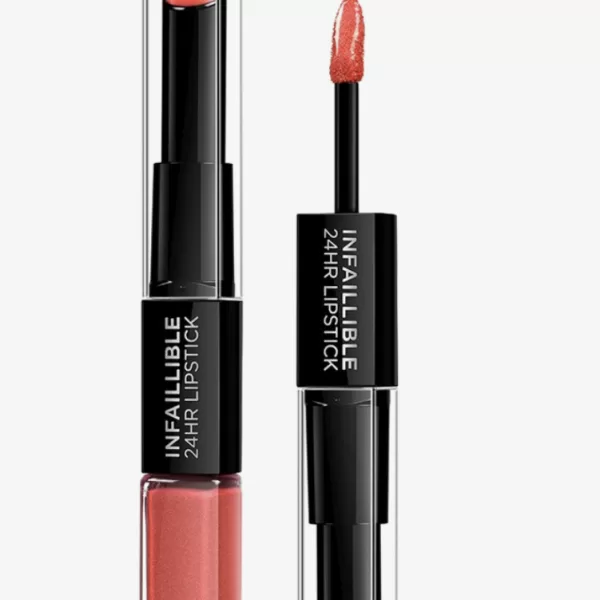 L’Oréal Paris Infallible Lippenstift 404 Corail Constant – Langhaltender 2-in-1 Lippenstift mit Balsam, 16 Stunden Farbe & Schutz gegen trockene Lippen