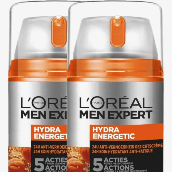 L’Oréal Paris Men Expert Hydra Energetic Dagcrème – 2 x 50 ml, Hydratatie, Frisse Blik, Vermoeidheid Bestrijden, Dagelijkse Verzorging