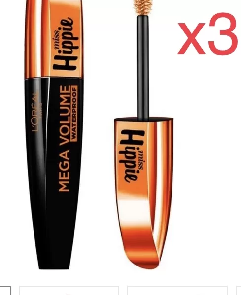 L’Oréal Paris Miss Hippie Mega Volume Mascara - 3x Zwart, Opbouwbaar Volume, Extra Groot Borsteltje, Hippie Chic Look, Dramatische Wimpers