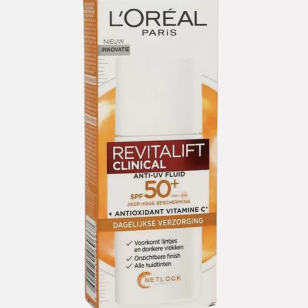 L’Oréal Paris Revitalift Clinical Anti-UV Fluid SPF 50+ mit Vitamin C - 50ml, UVA/UVB Schutz, Anti-Aging, leicht & schnell einziehend