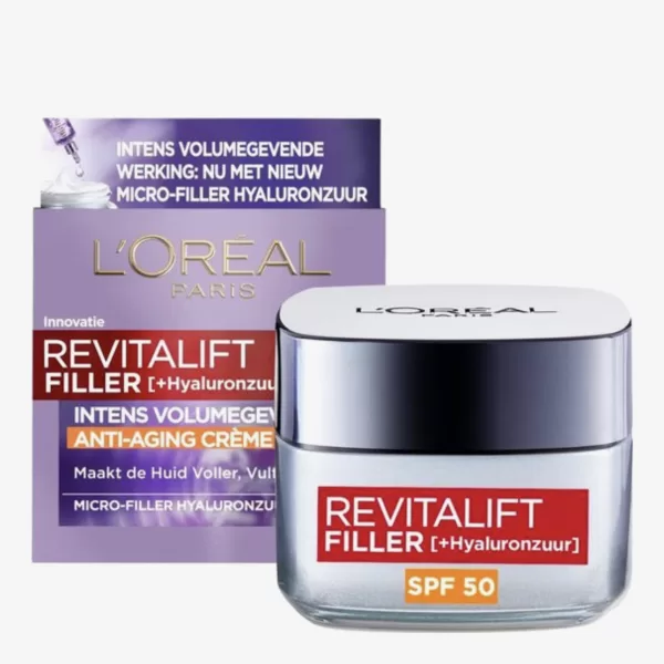 L’Oréal Paris Revitalift Filler Anti-Aging Dagcrème SPF50 - 50ml - Hydratatie met Hyaluronzuur voor Vrouwen 35+ - Rimpelvullend & Volumegevende Gezichtsverzorging