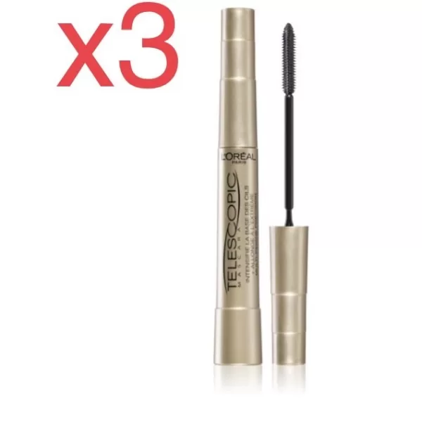 L'Oréal Paris Telescopic Mascara Zwart - 3 Stuks - Ultra Verlengt, Valse-Wimpers Effect, Flexibel Borsteltje, Perfecte Definitie