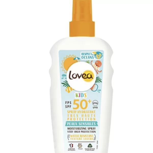 Lovea Sun Zonnebrand Spray Kids SPF50+ - Hydraterende Bescherming voor Gevoelige Huid - 150 ml - Waterproof, Vegan, Abrikozengeur