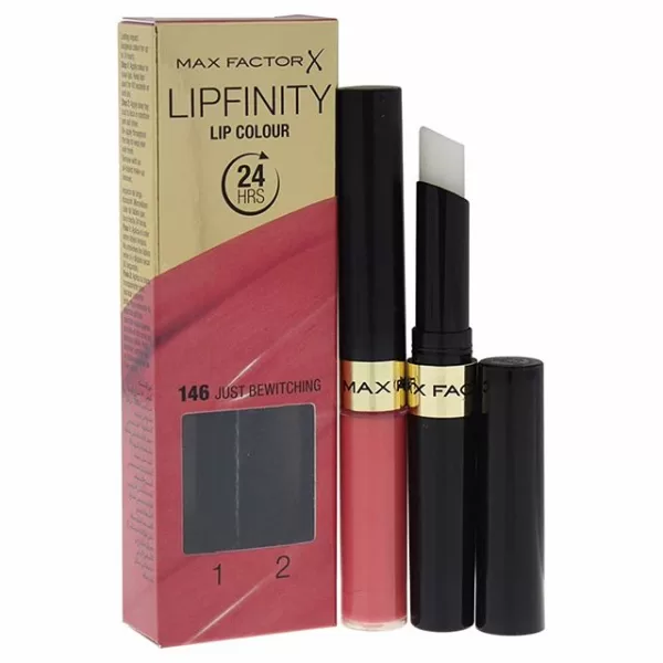 Max Factor Lipfinity Lip Colour – Tint 146 Just Bewitching, langhoudende vloeibare lippenstift met glanzende topcoat, 24 uur kleur en hydratatie.