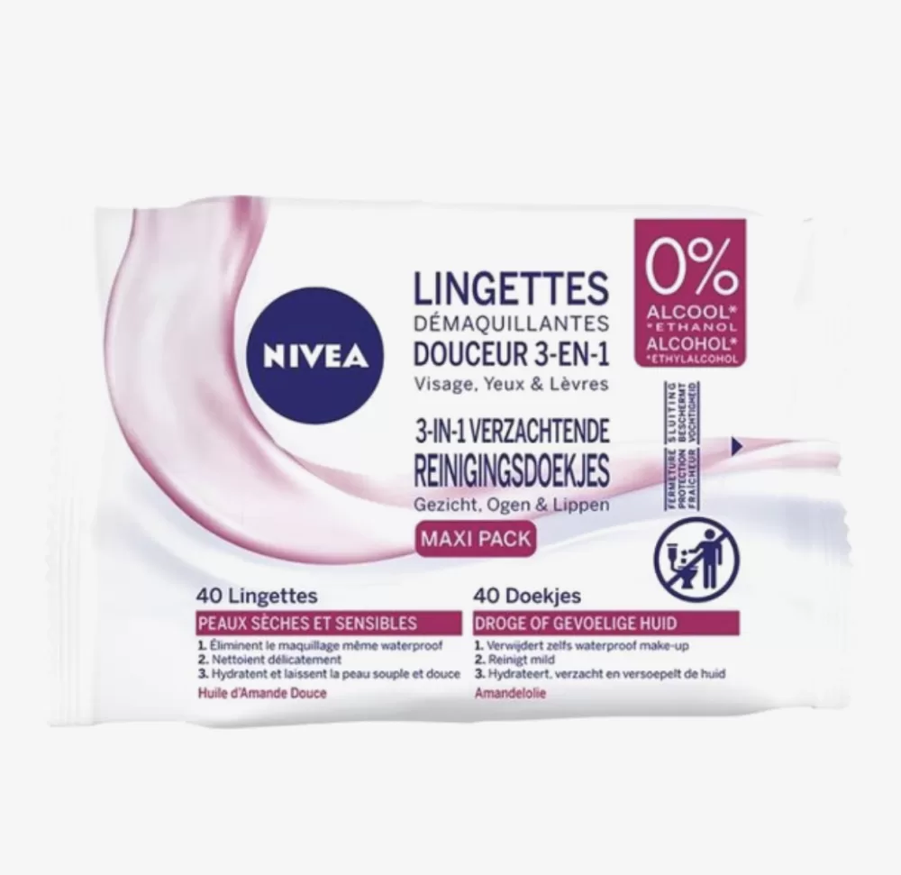 Nivea 3-in-1 Reinigingsdoekjes voor Droge & Gevoelige Huid - Alcoholvrij, Amandelolie, Verwijdert Waterproof Make-up, Hydrateert & Verzacht