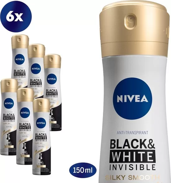 NIVEA Black & White Anti-Transpirant Silky Smooth 6x150ml – 48 Std. Schutz, keine Flecken, sanft zur Haut, dermatologisch getestet