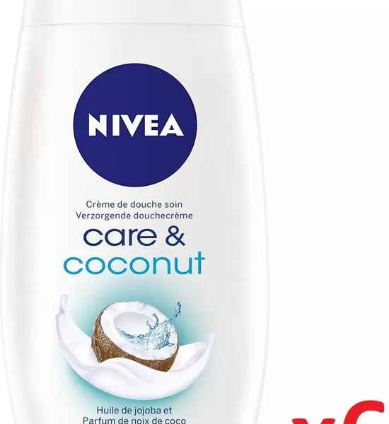 NIVEA Douche Crème Care & Coconut 6x250ml - Zijdezacht, Hydraterend, Kokosgeur, Extra Huidverzorging, pH-neutraal