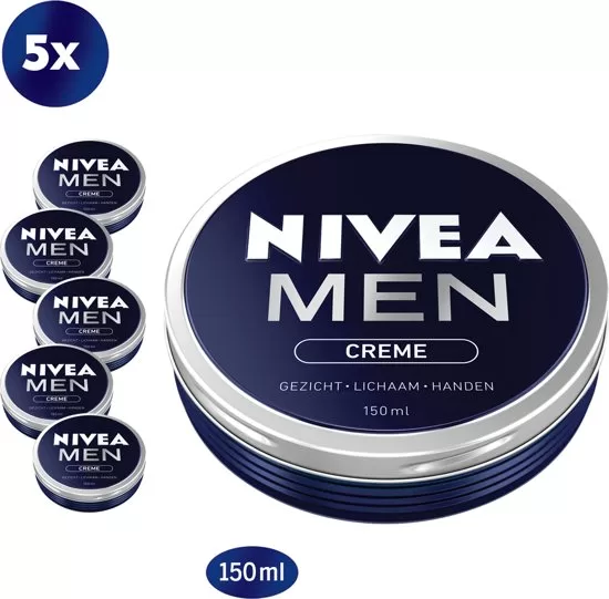 NIVEA MEN Crème – 5 x 150 ml – Feuchtigkeitspflege für Gesicht, Körper & Hände – Nicht fettend, schnell einziehend, schützt vor Austrocknung