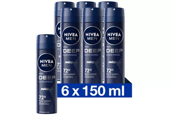 NIVEA MEN Deep Deodorant Spray Dark Wood 6x150ml - 72u Antibacterieel, Alcoholvrij, Geen Vlekken, Langdurige Frisse Geur