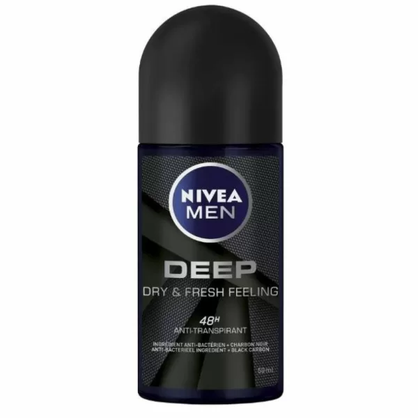 Nivea Men Deodorant Roller Deep 50 ml – 6 Stuks, 48 uur bescherming, antibacterieel met Black Carbon, geen vlekken, mannelijke geur.