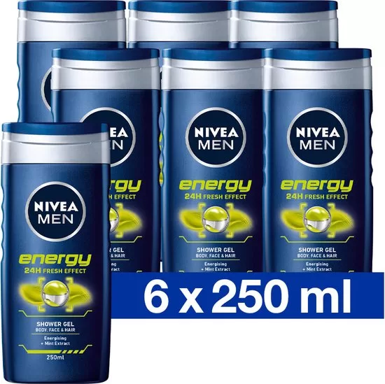 NIVEA MEN Energy Douchegel 3-in-1 met Mintextract - Voordeelverpakking 6 x 250 ml - Shampoo voor Lichaam, Gezicht en Haar