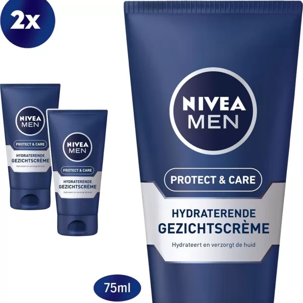 NIVEA MEN Protect & Care Hydraterende Gezichtscrème 2x75ml - Voor Normale & Droge Huid, Met Aloë Vera & Vitamine B5, Kalmerend & Beschermend