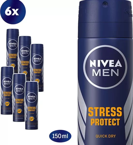 NIVEA MEN Stress Protect Deodorant Spray 6x150ml – 48u bescherming, anti-transpirant, zonder ethylalcohol, dermatologisch getest.