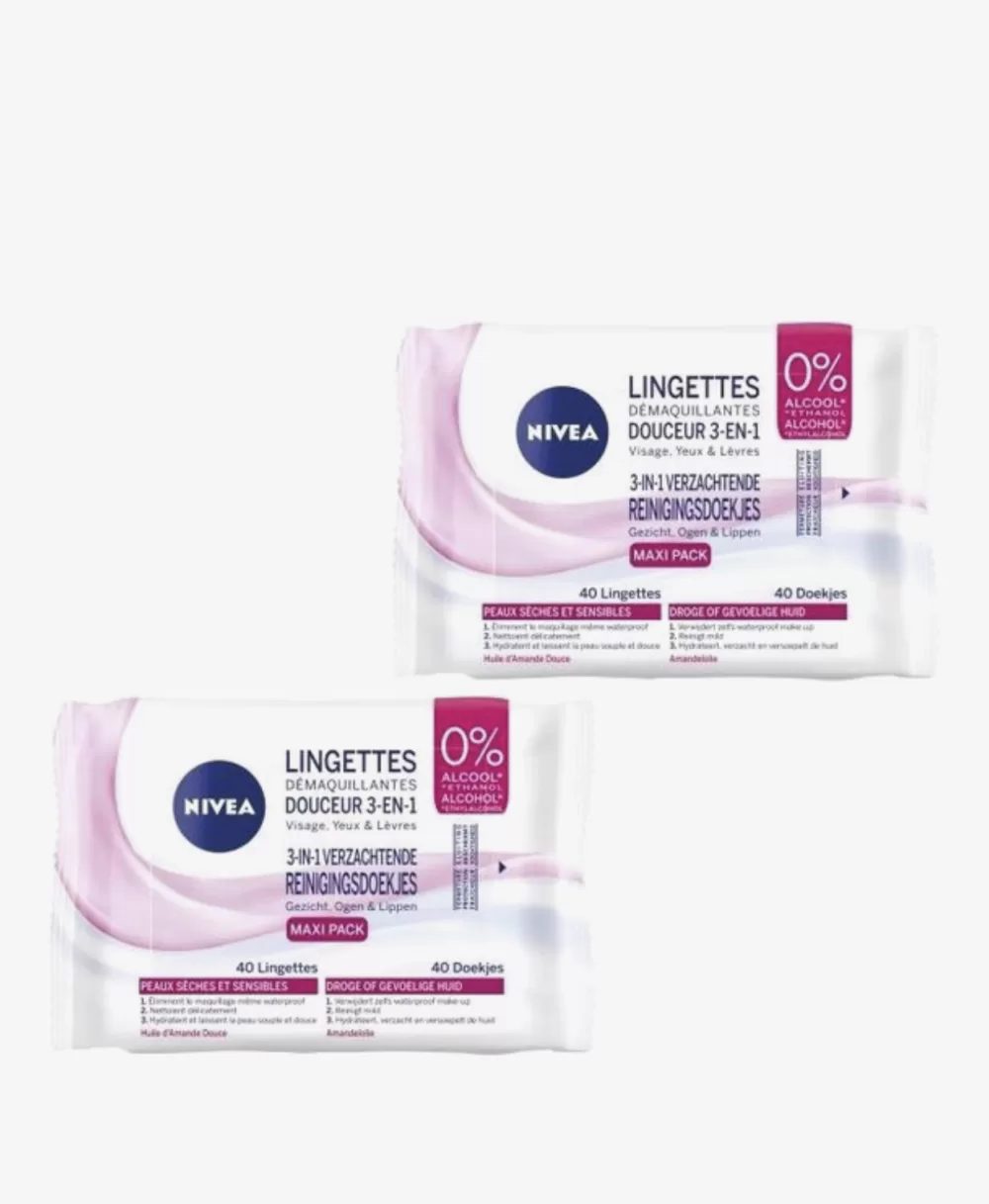 NIVEA 3-in-1 Reinigingsdoekjes 0% Alcohol - Voor Gezicht, Ogen & Lippen - Maxi Pack 80 Doekjes met Amandelolie - Voor Droge en Gevoelige Huid