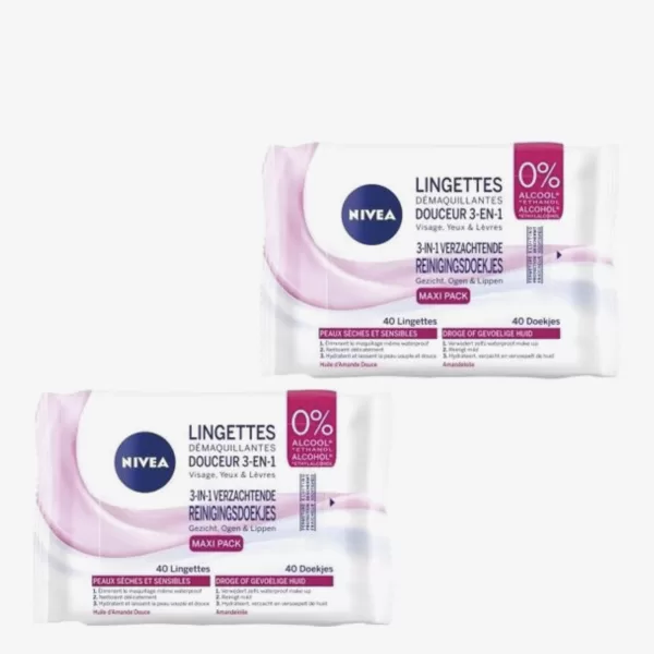 NIVEA 3-in-1 Reinigingsdoekjes 0% Alcohol - Voor Gezicht, Ogen & Lippen - Maxi Pack 80 Doekjes met Amandelolie - Voor Droge en Gevoelige Huid