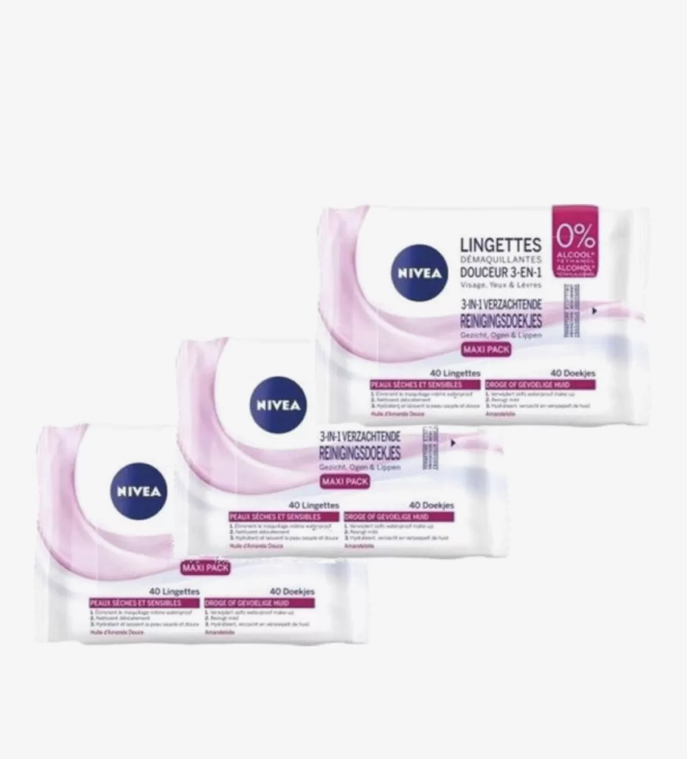 NIVEA Reinigingsdoekjes 0% Alcohol - 3-in-1 voor Gezicht, Ogen & Lippen - Maxi Pack 120 Doekjes - Met Amandelolie, Hydrateert & Verzorgt