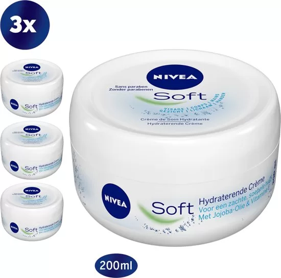 NIVEA Soft Hydraterende Bodycrème - 3 x 200 ml, met Vitamine E & Jojoba-olie, snel intrekkende formule voor een zachte huid, dagelijks gebruik