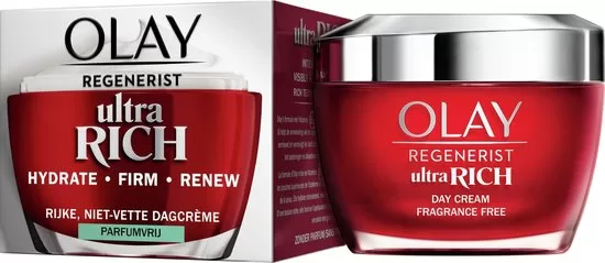 Olay Regenerist Ultra Rich Dagcrème 50ml - Vitamine B3, Peptiden & Sheaboter - Parfumvrij voor Droge Huid - 24u Hydratatie & Anti-Aging