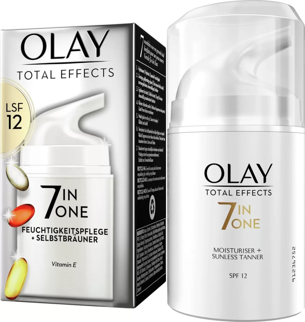 Olay Total Effects 7in1 Hydraterende Dagcrème & Zelfbruiner - SPF12, 50ml - Voordelen voor Huid: Hydratatie, Gloed, Egalisatie, Rimpelvermindering