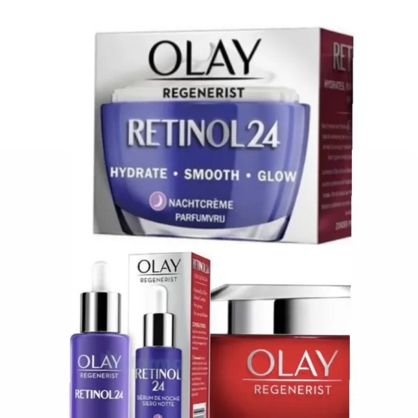 Olaz Cadeauset Olay Regenerist: Retinol24 Nachtcrème, Hydraterende Dagcrème & Serum - Anti-veroudering, Parfumvrij, 3-delig Set