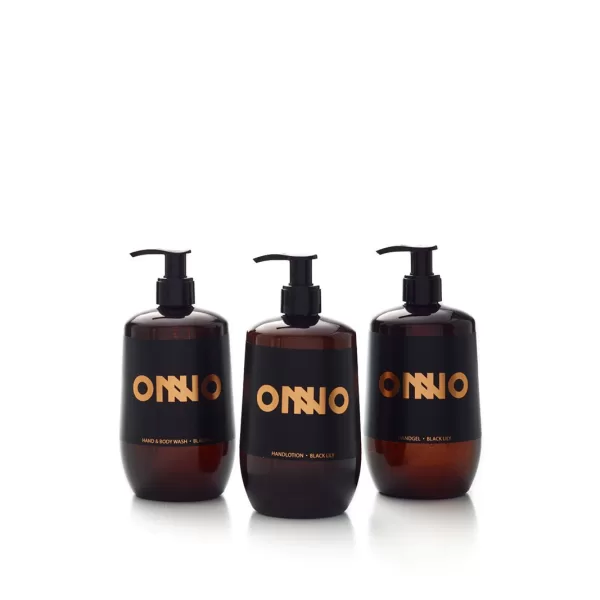 Onno Black Lily Geschenkset – 3 x 500 ml Handgel, Waschgel & Lotion, vegan, ohne Parabene, Oud-Holz, Patchouli, Leder, luxuriös & sinnlich